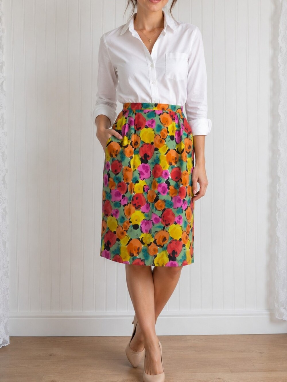 VINTAGE 100% Silk Floral Watercolor Pencil Skirt Sz 8